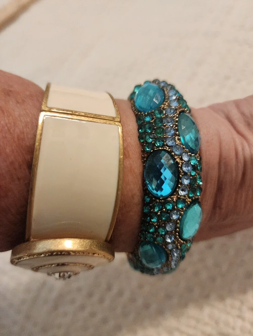 Pair Of Vintage Statement Clamper Bracelets Cream/Gold & Teal With Rhinestones